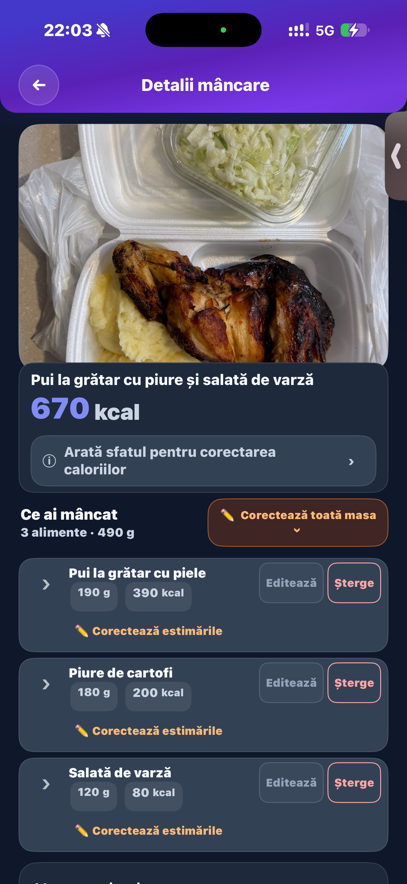 A photo, portions, and ingredient estimates.