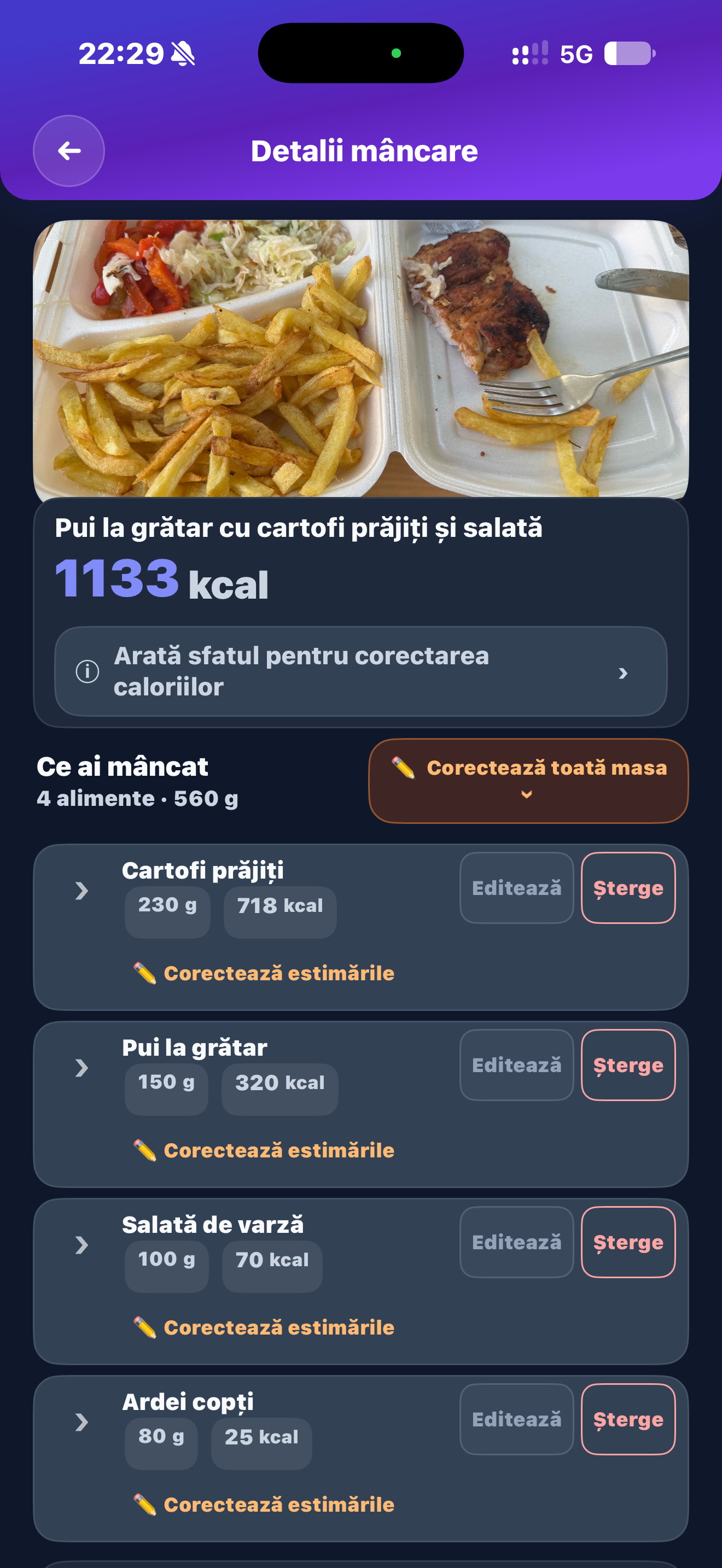 Meal ingredients and nutritional estimates to review.
