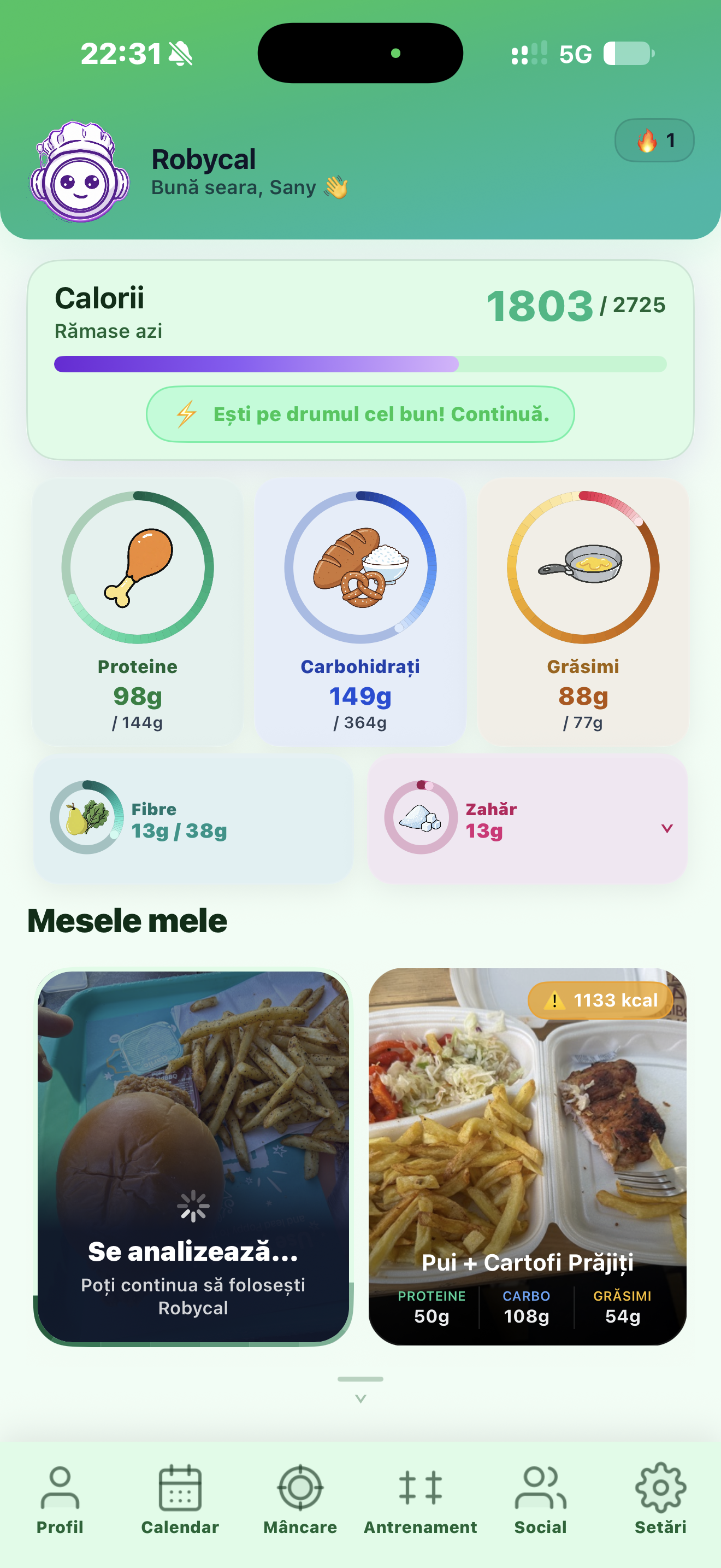A meal photo being analyzed in the background.