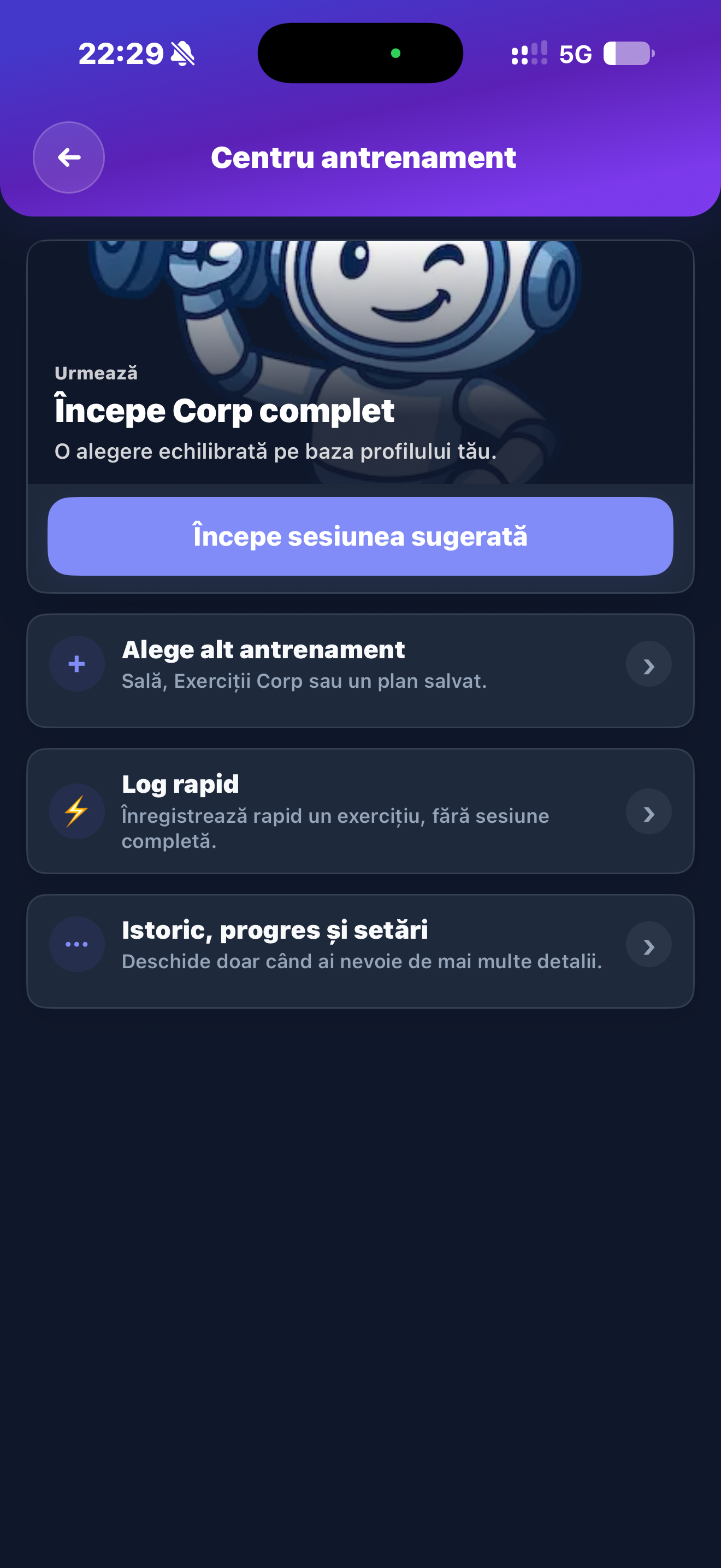 Robycal workout center with a suggested session and quick logging